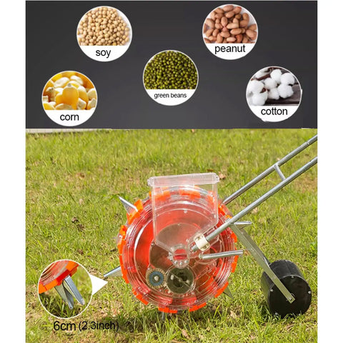 Adjustable Row Planter Seeder With Interchangeable 6 Seed Plates And Row Marker For Easy Yard Work Durable Build With Five Seeding Ports Semi Automatic Garden Seeder For Even Seed Distribution shown with seed types