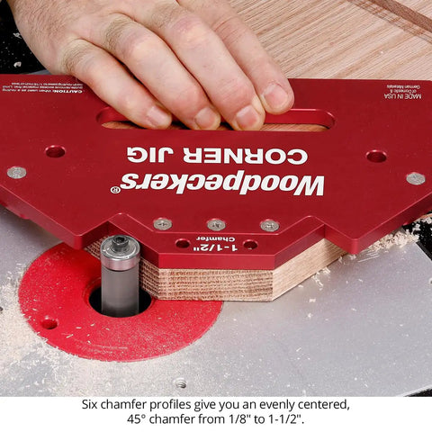 Heavy Duty Cast Aluminum Router Corner Jig And Chamfer Template Set With Six Precise Guides mounted on wood for clean edges.