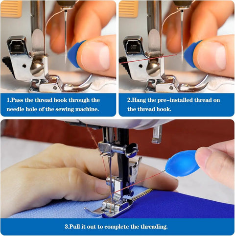 12 Pack Automatic Needle Threaders For Hand And Machine Sewing shown in use with a sewing machine, highlighting threading process.