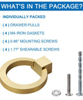Brushed Gold Cabinet Ring Pulls 4 Pack Zinc Alloy Drawer Pulls shown with screws and gaskets. Package contents displayed.