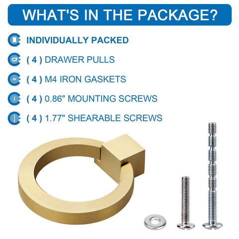 Brushed Gold Cabinet Ring Pulls 4 Pack Zinc Alloy Drawer Pulls shown with screws and gaskets. Package contents displayed.