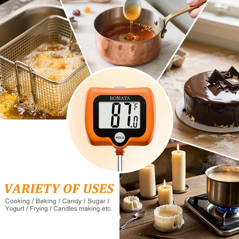 Digital Candy Thermometer With Pot Clip And Rotating Screen Deep Fry Oil Thermometer With Upgraded Silicone Insulation Cap For Accurate Frying Hands Free Readout And Easy Temperature Tracking, orange digital probe thermometer with pot clip for frying, candy, and candle making