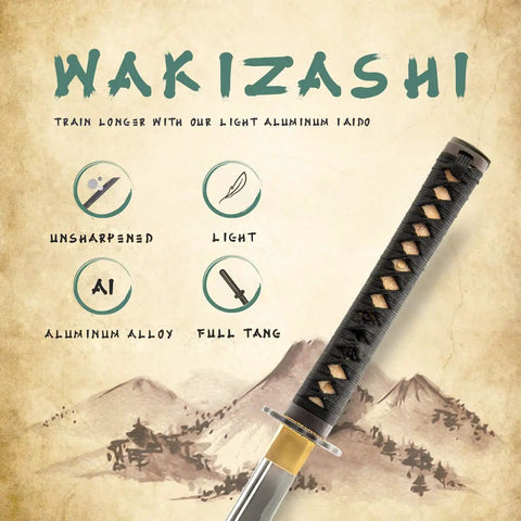 Unsharpened Aluminum Alloy Wakizashi Iaito For Iaido Training Sword With icons highlighting features of the practice sword