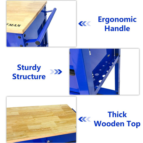 Rolling Tool Cart With Wheels 3 Drawers And A Wooden Top Heavy Duty Mechanics Cabinet showing blue ergonomic handle and sturdy structure