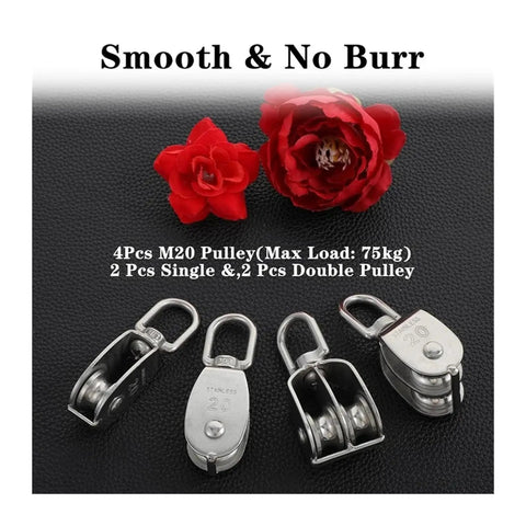 Heavy Duty M20 304 Stainless Steel Cable Pulley Block Set For Crane Load 8 Pieces, Single Pulley Wheel With Rotating Hook And Double Rollers, Corrosion Resistant, 360 Degree Rotation, 4 M20 stainless steel pulleys with single and double rollers