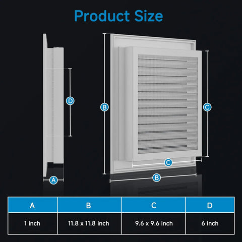 Product size diagram of 12X12 Gable Attic Vent Aluminum Alloy White With Mesh Screen 10X10 Opening Removable Without Tools