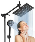 8 Inch Matte Black Rain Shower Head For Wide Coverage And Powerful Water Flow Dope Easy Install Durable Stainless Steel Shower Head Modern Bathroom Upgrade Rainfall Shower Experience with woman enjoying shower