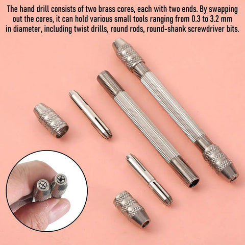 Premium Two Piece Double Ended Pin Vise Kit Equipped With Precision Brass Chucks for heavy duty wire twisting and copper winding tools.