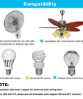 Compatibility chart for ceiling fan remote transmitter replacement, showing fan and bulb suitability