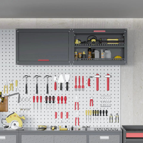 Beefy Garage Wall Cabinet With Up Flip Door Design, Adjustable Shelf, Metal Tool Storage for wall organization above workbench.