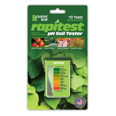 Packaging of Rapitest pH Soil Tester Kit For Home Gardeners, No Fuss Capsule System With Color Comparator, includes 10 Tests.