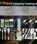 Camping Utensils Set With Storage Bag Portable Stainless Steel Cookware Gear For Outdoor Cooking Car Travel And RV Trips Includes Spatula Tongs Ladle Brush Peeler Meat Fork Skewers And Roasting Forks, displayed with a variety of tools and storage case.