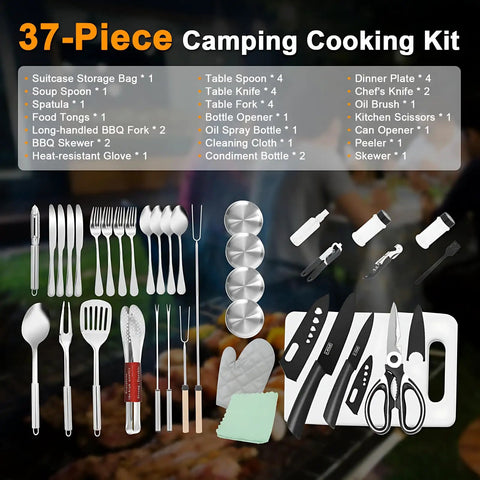 Camping Utensils Set With Storage Bag Portable Stainless Steel Cookware Gear For Outdoor Cooking Car Travel And RV Trips Includes Spatula Tongs Ladle Brush Peeler Meat Fork Skewers And Roasting Forks, displayed with a variety of tools and storage case.