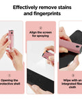 Step-by-step use of All In One Screen Cleaner Kit With Spray And Wipe Pocket Size Lipstick Style for cleaning screens.