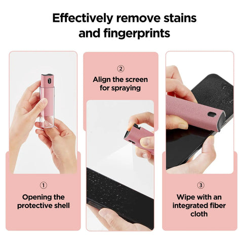 Step-by-step use of All In One Screen Cleaner Kit With Spray And Wipe Pocket Size Lipstick Style for cleaning screens.