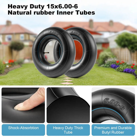 Built Tough 15x6.00-6 Inner Tubes With TR-87 Bent Valve Stem displayed in garden setting