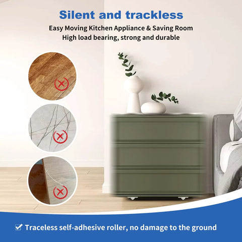 Green cabinet using self adhesive mini caster wheels for silent, scratch-free movement