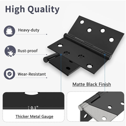 Illustration of a Tough As Nails 4 Inch Door Hinges Matte Black Exterior Set with square corners and removable pin detail.