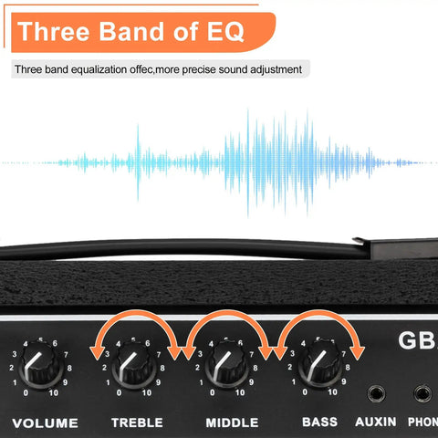 Close-up of the 40W Portable Bass Amp With 8 Inch Speaker Retractable Handle Perfect For Practice Or Live Gigs Room Shaking Bass Tone Crisp Clarity, showing volume, treble, middle, and bass control knobs, illustrating three-band EQ adjustment feature.
