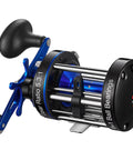 Chaos XS Round Baitcasting Reel For Saltwater Inshore Surf Trolling And Catfish Beefy Yet Smooth Conventional Reel With Reinforced Aluminum Frame Anti Line Skip Spool 60 Right Handed, blue and black design showcasing gear ratio and ball bearings