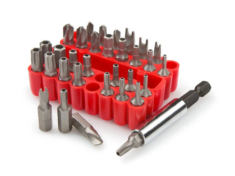 Everybit Ratchet Screwdriver And Bit Set 135 Piece Pro Kit with various bits in a red holder