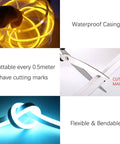 Features of RGB LED Neon Rope Light Strip 10m: waterproof casing, cuttable sections, flexible design, with 24 key remote.