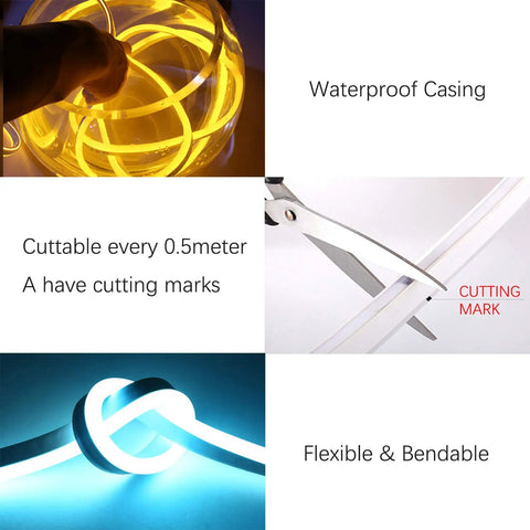 Features of RGB LED Neon Rope Light Strip 10m: waterproof casing, cuttable sections, flexible design, with 24 key remote.