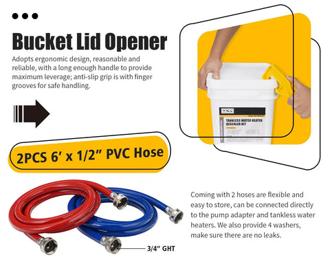 Bucket lid opener with ergonomic design and 2PCS 6' x 1/2" PVC hose from Tankless Water Heater Flushing Kit With One Quarter HP Stainless Steel Sump Pump, Two Adapters, Three Gallon Pail With Lid Opener, And Two One Half Inch By Six Foot Hoses With Washers For Fast, No Fuss Tankless Heater Maintenance.