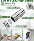 Cordless 5-In-1 Electric Pasta Maker Machine disassembled parts including stainless steel pasta press, mold, and push rod.