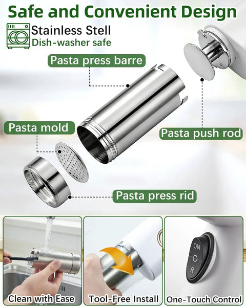 Cordless 5-In-1 Electric Pasta Maker Machine disassembled parts including stainless steel pasta press, mold, and push rod.