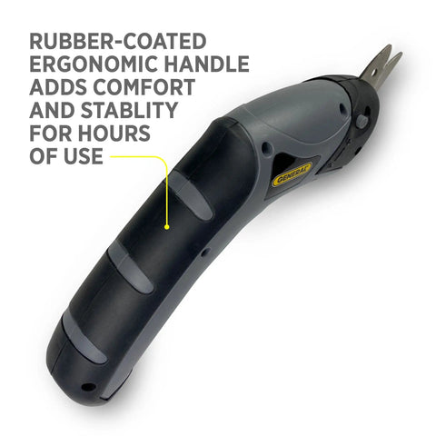 Cordless Electric Craft Scissors with Two Blades, charger, one button operation, ergonomic rubber handle for DIY and home crafting.