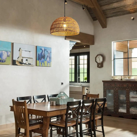 Dining room with a Boho Rattan Pendant Lamp With Hand Woven Wicker Rope Shade Dome Ceiling Basket Chandelier LED Industrial Hanging Light