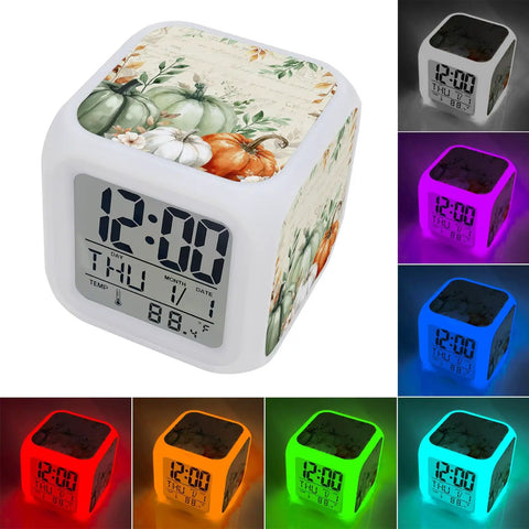 Hella Durable Digital Alarm Clock With LED Night Light And Seven Color Modes Snooze Button Time Date Temperature Display Retro Cube Desk Clock For Bedroom Or Office Smooth As Butter Setup showing colorful illumination options.