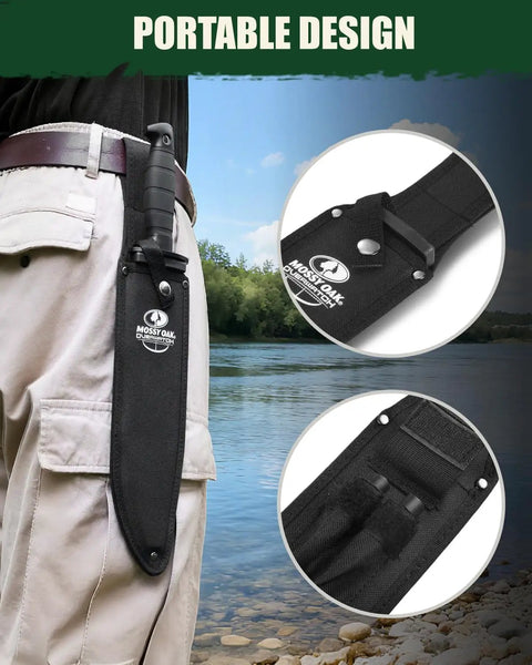 Person outdoors with 15 Inch Survival Knife With Sharpener And Fire Starter Fixed Blade Bushcraft Knife in a sheath