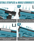 Instructions for using Badass Heavy Duty 18 Gauge Cordless Brad Nailer And Crown Stapler Combo showing staple and nail installation steps.