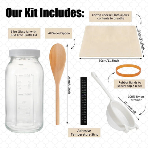 All In One Kefir And Kombucha Fermentation Kit For Home Brew With 64 Ounce Wide Mouth Mason Jar Plastic Lid Nylon Mesh Strainer