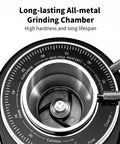 Premium 64Mm Flat Burr Coffee Grinder Featuring 100 Exact Grind Settings And Anti Static Technology For Smooth Daily Brews And Top Shelf Espresso Results In Matte Black, close-up of all-metal grinding chamber.