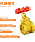Three Quarters Inch Brass Gate Valve Heavy Duty One Piece With Female To Female Threads For Water And Gas, Red Handle