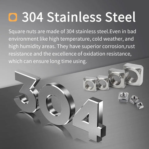 304 Stainless Steel Square Nuts Assortment Kit with detailed 304 numbers, illustrating corrosion resistance and durability.