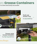 Two grease containers on propane gas griddle grill combo with porcelain enamel cast iron grates and cast iron pan.
