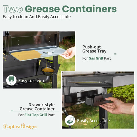 Two grease containers on propane gas griddle grill combo with porcelain enamel cast iron grates and cast iron pan.