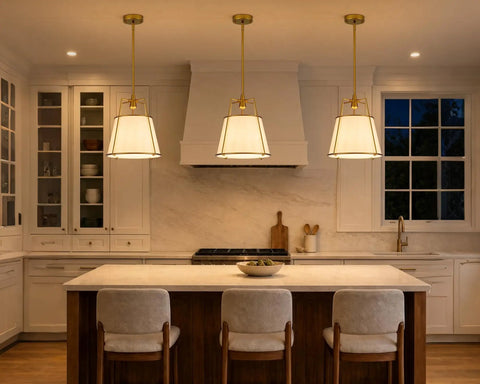 Karjearl Gold Pendant Lights Kitchen Island, 12.2" Linen Drum Chandelier above a modern kitchen island with stools.