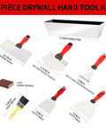 Image of an 8-piece drywall hand tool kit featuring a premium stainless steel taping knife, putty knife set, paint scraper, and mud pan.