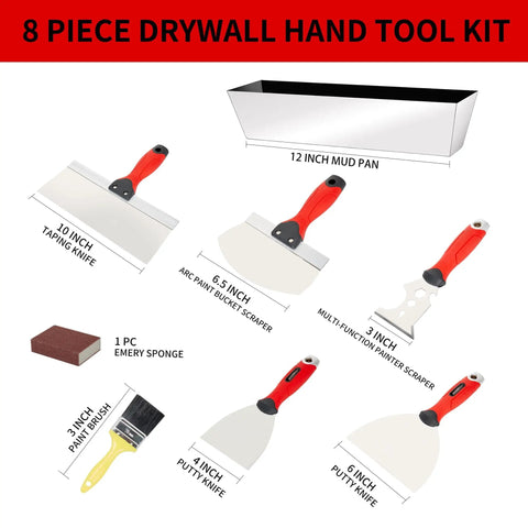 Image of an 8-piece drywall hand tool kit featuring a premium stainless steel taping knife, putty knife set, paint scraper, and mud pan.
