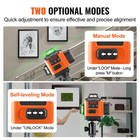 100ft Green Self Leveling Laser Level With 3 X 360 Degree Cross Lines in manual and self-leveling mode illustration