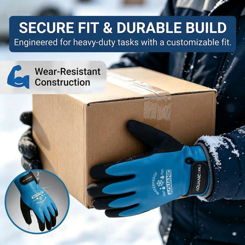 Person holding box wearing All-Weather 100% Waterproof Winter Gloves For Men And Women XXL With Double-Layer Latex, close-up view