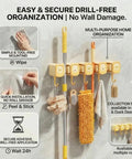 Broom Holder Wall Mount Self Adhesive Mop And Broom Organizer With 4 Grippers And 5 Hooks For Super Easy Home Organization And Quick Access Cleaners Brown And Yellow Decor Friendly showing no drill installation.