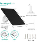 Package list showing 6W Solar Panel for Security Cameras, adjustable mount, 9.8ft cable, USB-C and Micro USB ports, and screws.