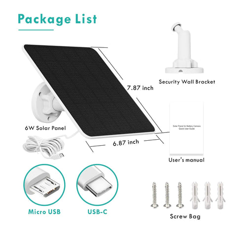 Package list showing 6W Solar Panel for Security Cameras, adjustable mount, 9.8ft cable, USB-C and Micro USB ports, and screws.