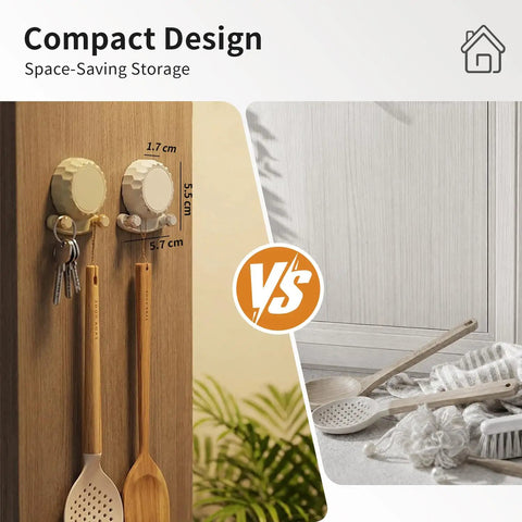 Tough As Nails Two In One Self Adhesive Magnetic Wall Hooks With Heavy Duty Grip No Drill Mount For Clutter Free Kitchen Organization And Safe Metal Storage showing compact design with kitchen utensils.